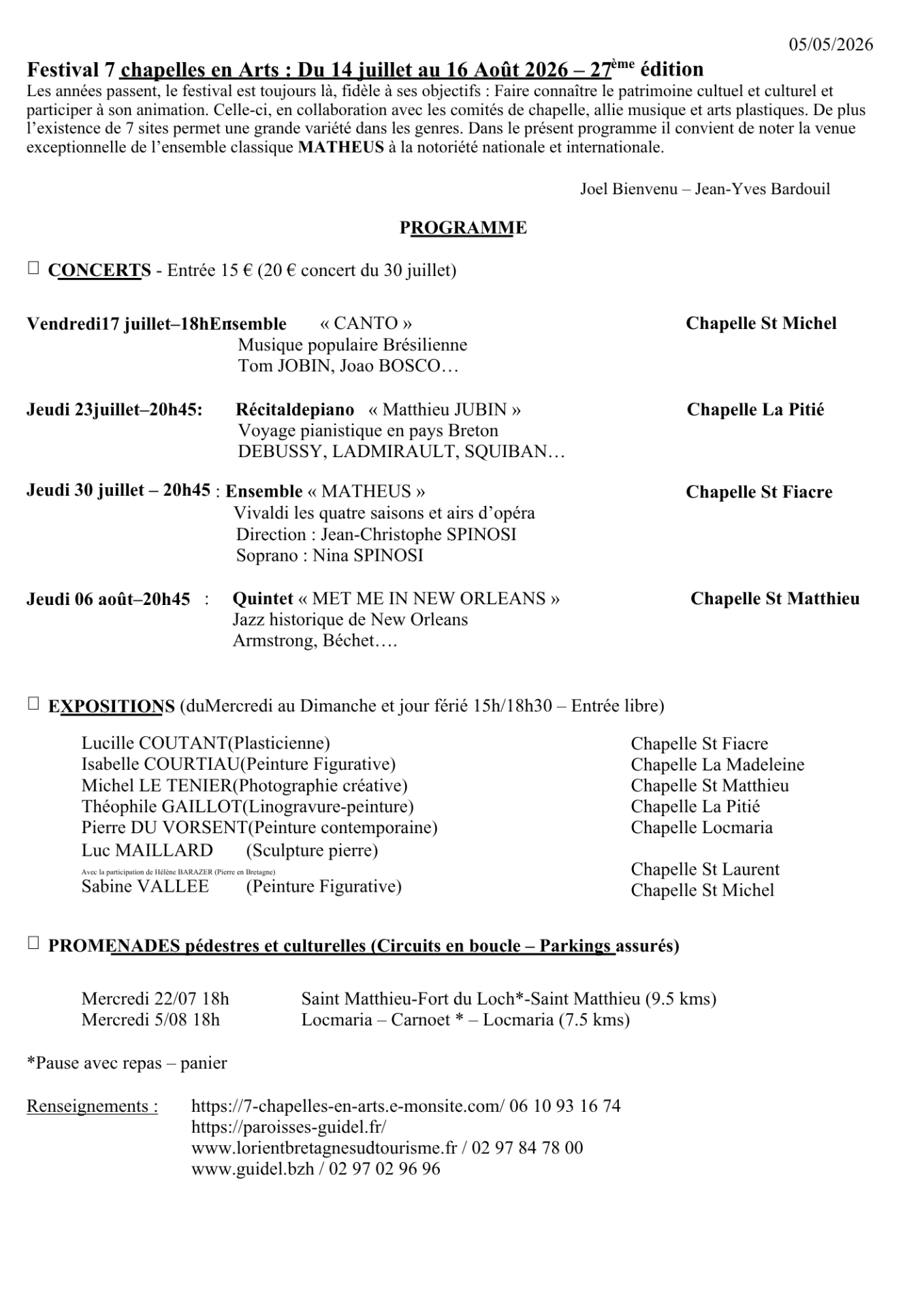 Programme 7 chapelles en arts 2026